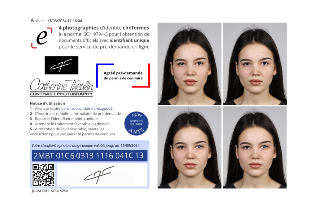 photo d'identité pour le permis de conduire conformess à la norme ISO 19794-5 format biométriques avec signature et numéro identifiant